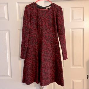 EUC Loft Long-Sleeve Jacquard Dress - size 6, dark red and black